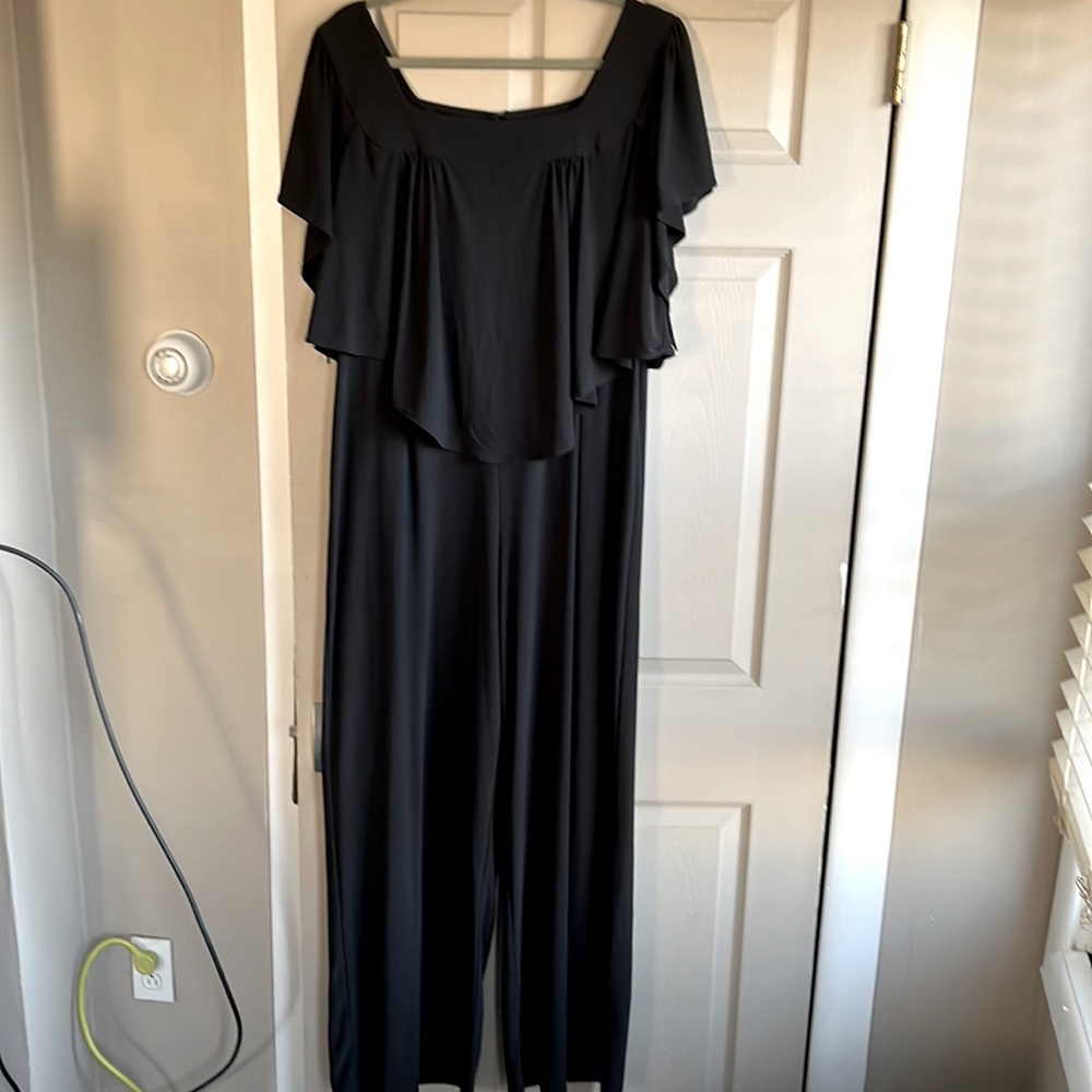 Black  XL wide leg stretch poly jumpsuit with flutter